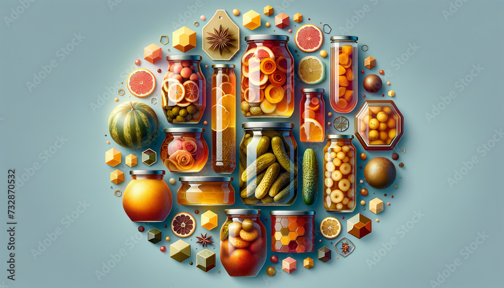 Preserved Foods: Photorealistic Jars of Pickles, Lemons, and Jams with Geometric Harmony