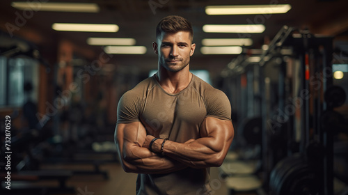 Male bodybuilder in a gym standing with crossed arms, looking at camera © Shanorsila