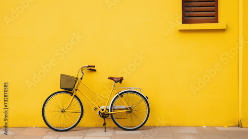 Retro bicycle near to yellow wall with copy space.