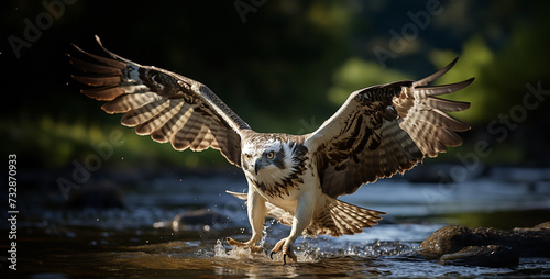 Regal Osprey Hovering Over River Freeze a moment in time as an osprey hovers gracefully over a winding river, its keen eyes scanning the water below for signs of fish super realistic © Kashif Ali 72
