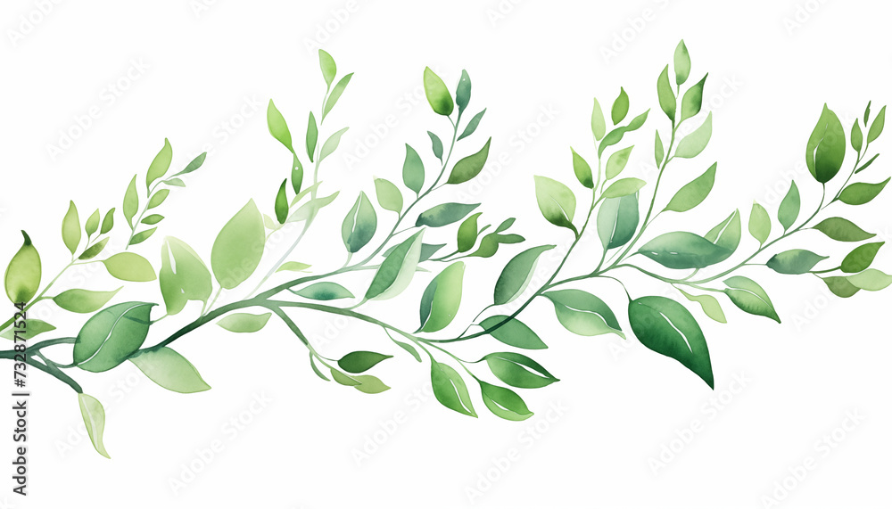 Watercolor card of green branches isolated, white background