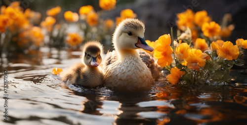 their fluffy bodies bobbing gently on the surface of a tranquil pond Serene Ducklings Swimming