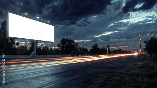 night scene billboard on highway with white background for text and picture replacement