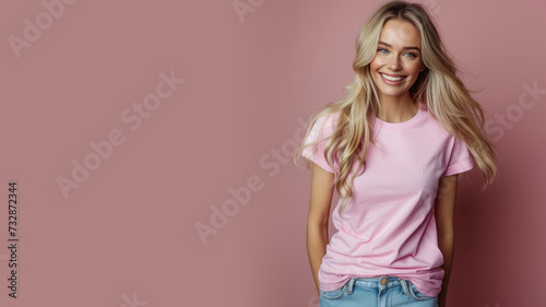 Blonde woman wear pink casual t-shirt smile isolated