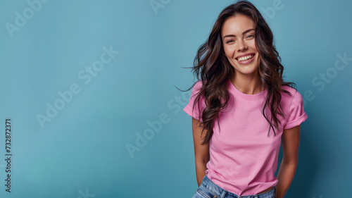 Brunette woman wear pink casual t-shirt smile isolated