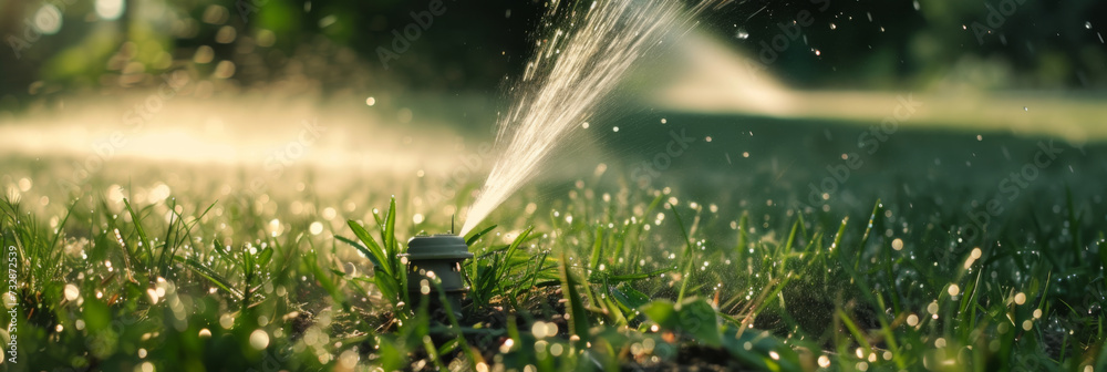 a garden sprinkler spraying water onto grass, generative AI - obrazy, fototapety, plakaty 