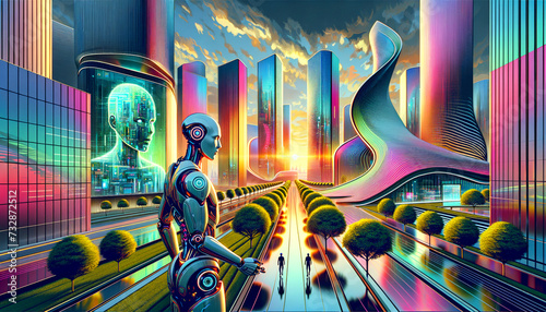Futuristic androids in vibrant urban landscape of the future.