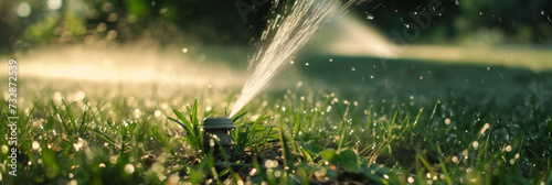 a garden sprinkler spraying water onto grass, generative AI photo