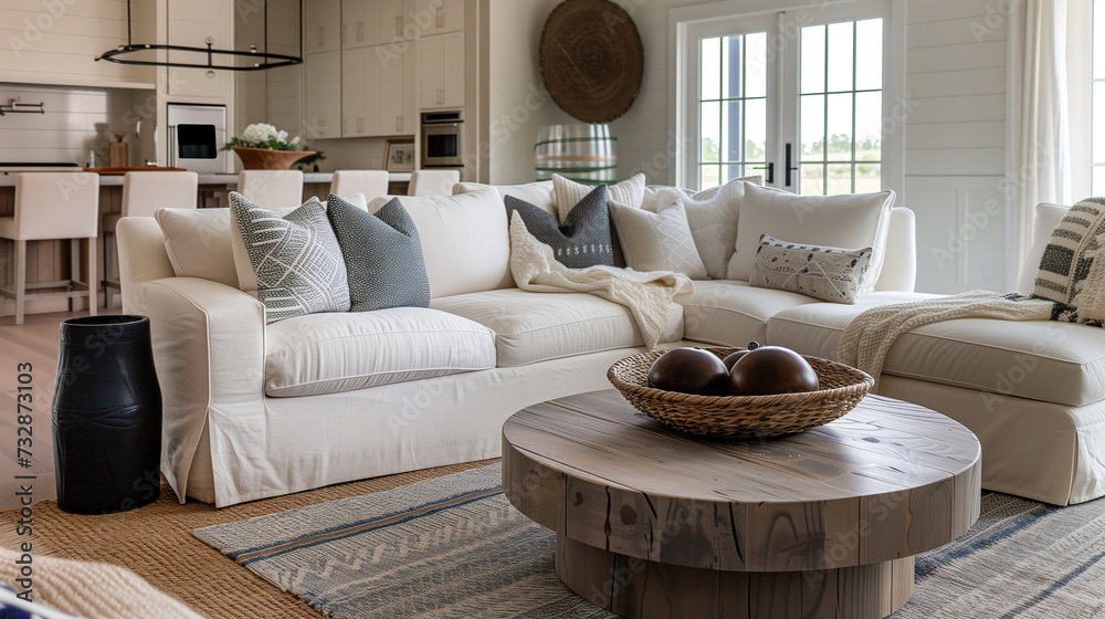 Fototapeta premium Modern farmhouse living room with sectional sofa, rustic round table, and layered rugs