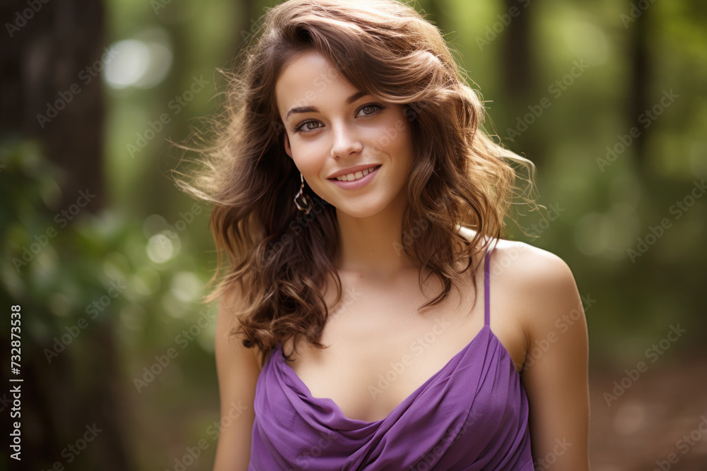 A brunette woman model wearing a purple sundress in the garden