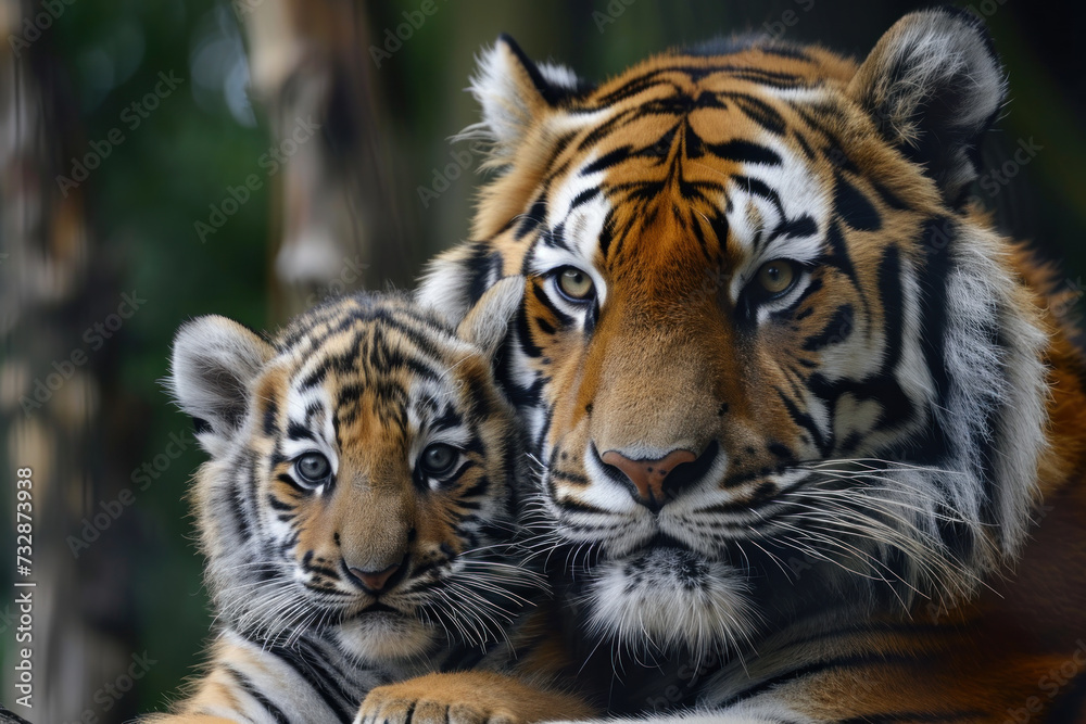 A tiger with her cub, mother love and care in wildlife scene