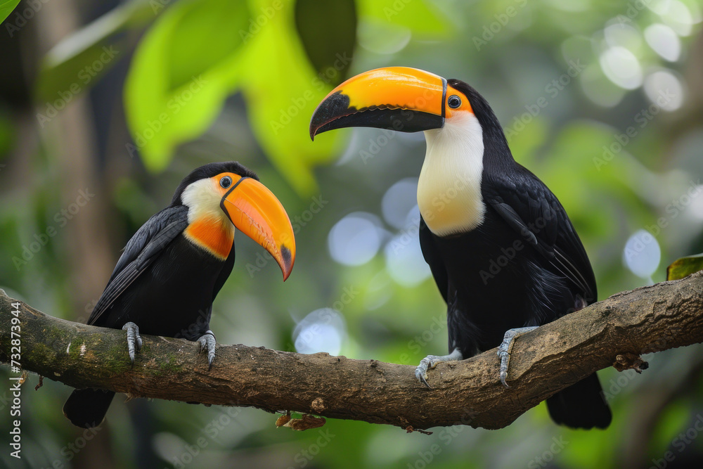 A Toucan with her cub, mother love and care in wildlife scene A Toucan with her cub, mother love and care in wildlife scene