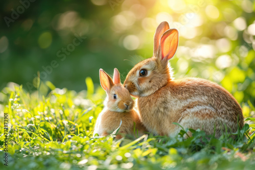 A rabbit with her cub, mother loves and cares in everyday life