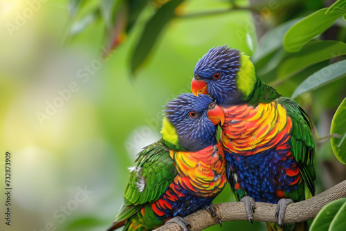 A Rainbow Lorikeet with her cub, mother love and care in wildlife scene