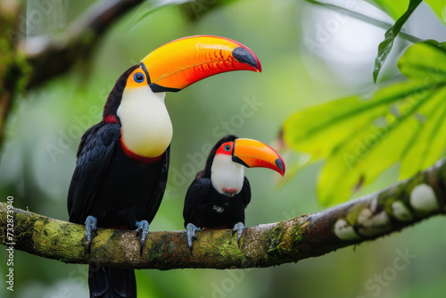 A Toucan with her cub  mother love and care in wildlife scene