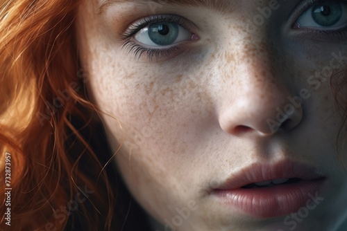 Portrait of a pretty young blue eyed red-haired girl with freckles on her face. AI Generated 