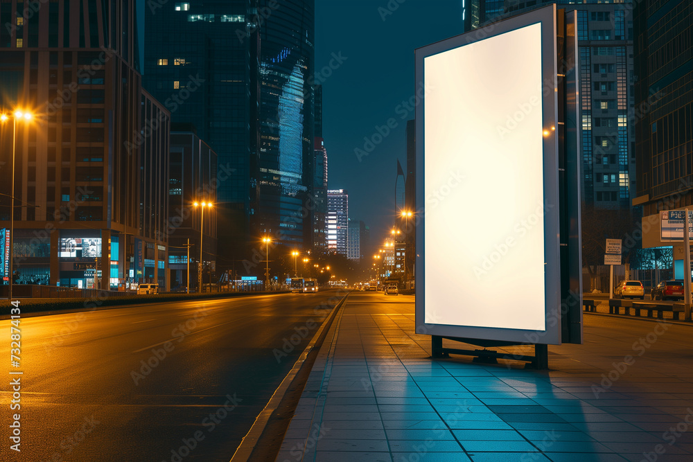 Blank White Advertising Board at Night in a City 