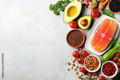 Healthy food. Salmon fish, beans, nuts, avocado and tomatoes on white background. Top view with copy space. AI Generated