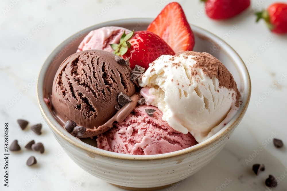 Ice cream with berries in ceramic bowl, marble background Ice cream with berries in ceramic bowl, marble background
