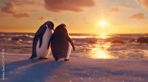 Penguin Couple on Snowy Beach at Sunset AI Generated