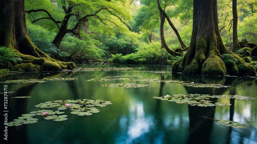 A tranquil pond nestled among tall, ancient trees, their branches stretching out like reaching fingers and In the midst of this serene scene, a single spring flower bursts with vibrant color, contrast