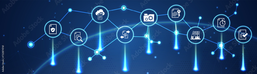 Document management vector illustration. Blue concept with no people related to digital file storage system and software, corporate records keeping, database technology. Document management vector illustration. Blue concept with no people related to digital file storage system and software, corporate records keeping, database technology.