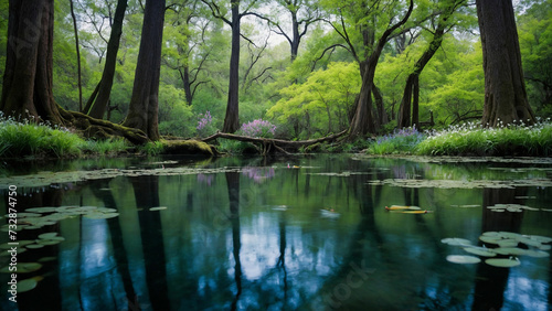 A tranquil pond nestled among tall, ancient trees, their branches stretching out like reaching fingers and In the midst of this serene scene, a single spring flower bursts with vibrant color, contrast