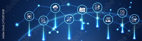 Document management vector illustration. Blue concept with no people related to digital file storage system and software, corporate records keeping, database technology.