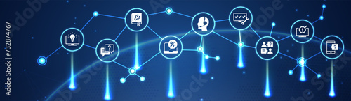IT support vector illustration. Blue concept with icons related to IT helpdesk, hotline or helpline, remote or online tech support, technical assistance, specialist software support.