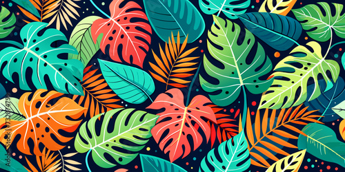 A vibrant and colorful seamless pattern of Monstera leaves