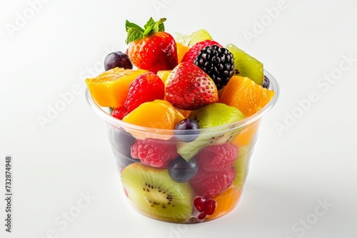 Plastic cup with fresh fruit salad, white background