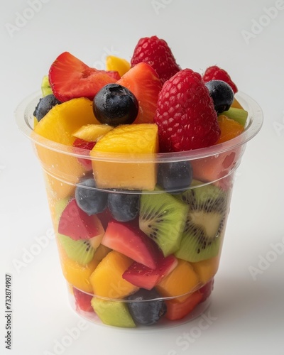 Plastic cup with assorted fruit salad, clean background
