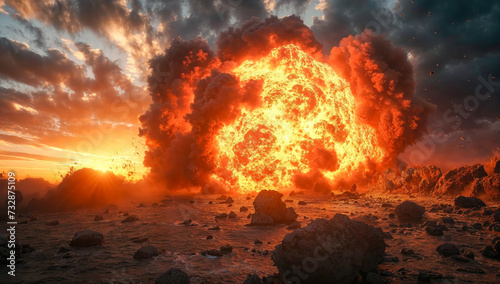 Large explosion with a huge fireball kicking up smoke and debris in a desert landscape.