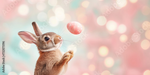 easter bunny or rabbit playing or juggling with colorful painted egg against bokeh pastel background. joyful funny spring holiday lifestyle traditional april event celebration card design. photo