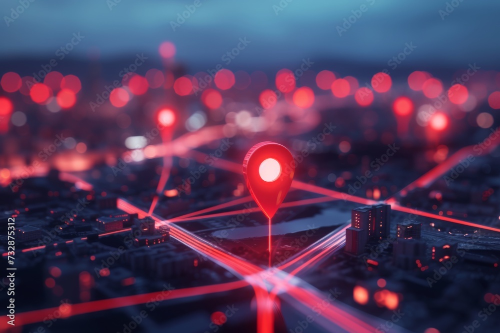 City map with red location marker, network lines. City map with red location marker, network lines.