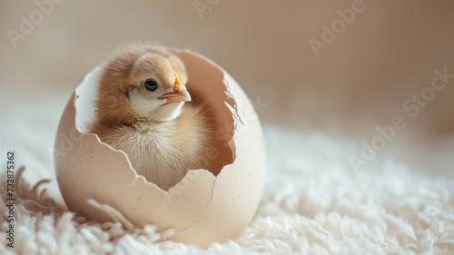 young baby chick head looking out of eggshell on fluffy blanket against beige background. chicken and egg concept. easter spring background.  photo