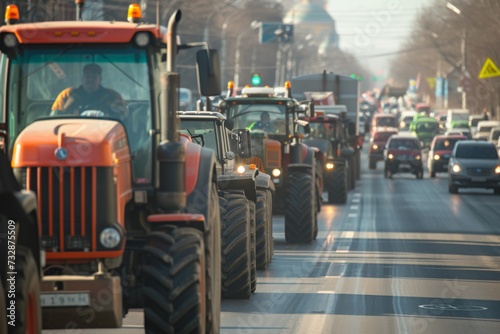 A convoy of tractors on a city street as part of a farmer's protest for policy changes © InfiniteStudio