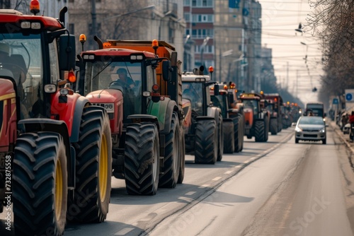 Tractors lined up on a city street in a peaceful protest for agricultural rights © InfiniteStudio