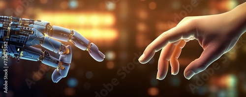 Artificial intelligence machine learning, hands of robot and human touching data network connection technology background
