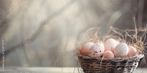 easter eggs speckled painted in nest with blurry bokeh pastel background