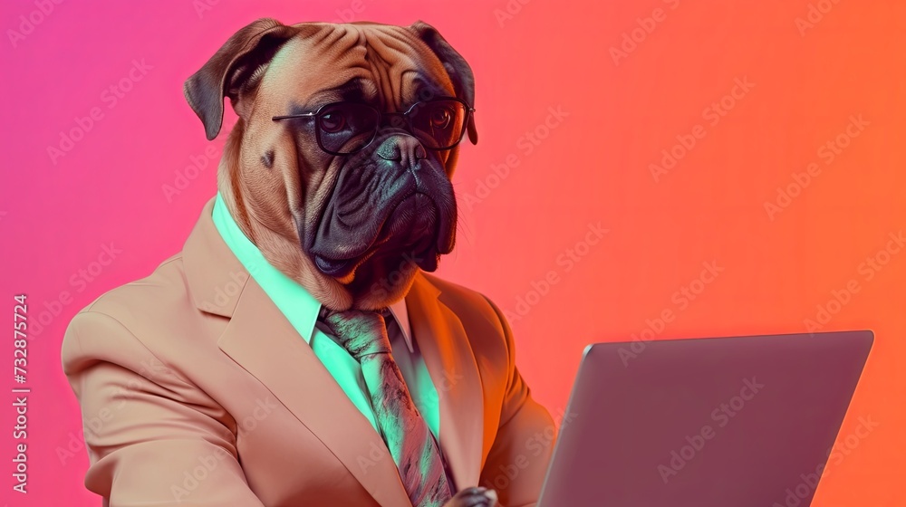 Bullmastiff dog in suit using a laptop while working on bright pastel background. advertisement. presentation. commercial. editorial. copy text space.