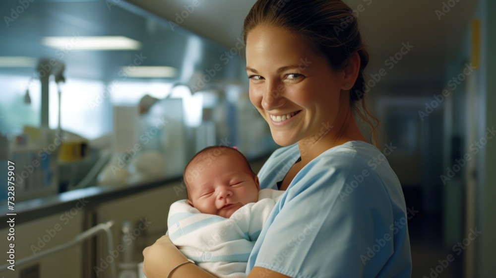 Nurse gently carries a day-old infant, newborn baby, at a maternity ward of a hospital. Nurse gently carries a day-old infant, newborn baby, at a maternity ward of a hospital.