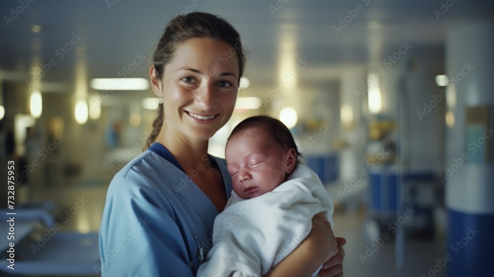 Fototapeta premium Nurse gently carries a day-old infant, newborn baby, at a maternity ward of a hospital.
