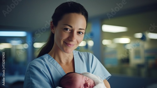 Nurse gently carries a day-old infant, newborn baby, at a maternity ward of a hospital.