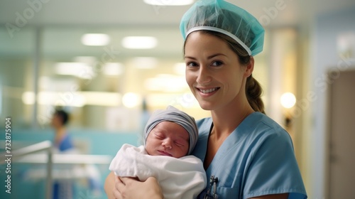 Nurse gently carries a day-old infant, newborn baby, at a maternity ward of a hospital.