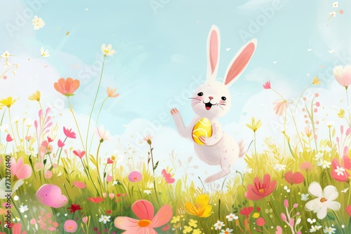 white easter bunny or rabbit playing or juggling with colorful painted egg against bokeh pastel background. joyful funny spring holiday lifestyle traditional april event celebration card design