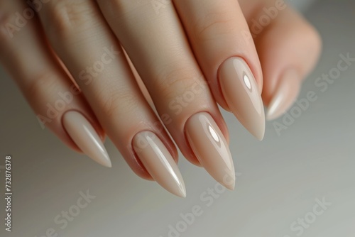 Hands with stylish long nude nails on soft background.