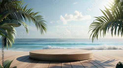Summer product display on the wooden podium at Sea Tropical Beach. © WARIT_S