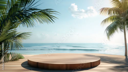 Summer product display on the wooden podium at Sea Tropical Beach. © WARIT_S