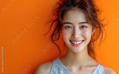 Young beauty Asian girl model with colorful sweatshirt in professional colorful photo studio background